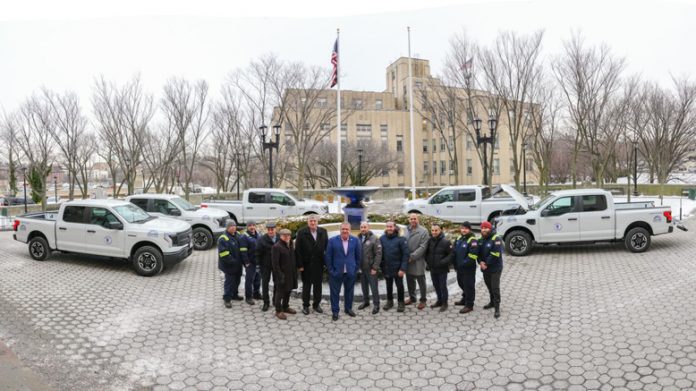 Yonkers Mayor Mike Spano announced the expansion of the City of Yonkers’ green fleet with the addition of 5 new full electric Ford F-150 Lightning pick-up trucks. Photo: Maurice Mercado