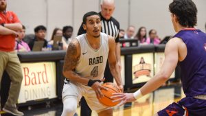 Bard Senior Guard Azriel Almodovar scored 11 points as the men’s basketball team took down the number one team in the league, Hobart. Photo: Wais Kakarr