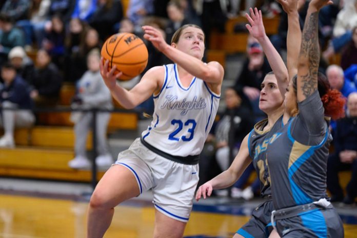 Mount Forward Brianna Guglielmo scored 14 points as the Mount Saint Mary College Women’s Basketball team (18-8, 17-3 Skyline) fell short in a hard-fought battle against University of Mount Saint Vincent. Photo: Lee Ferris
