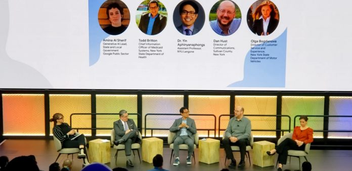 Sullivan County Communications Director Dan Hust (second from right) joined three other panelists at Google’s NYC offices on February 28 to talk about generative AI’s applications in government. From the left were moderator Amina Al Sherif, NYS Department of Health CIO Todd Britton, NYU Langone Assistant Professor Dr. Yin Aphinyanaphongs and NYS DMV Customer Service and Experience Director Olga Bogdanova.
