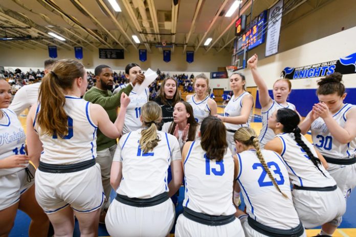 Despite a valiant effort, the Mount Saint Mary College Knights (18-9) fell to Baruch College (17-11) by a score of 55-49 in the semifinals of the ECAC Division III Women’s Basketball Tournament. Photo: Lee Ferris