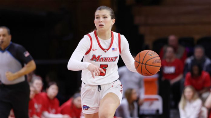 Marist Freshman Guard Julia Corsentino added 12 points and five rebounds in the home loss to Saint Peter’s. Photo: Jaylen Rizzio