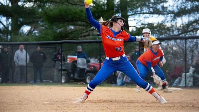 Sydney Waldon doubled down on the prolific pitching performance for SUNY New Paltz as she set a new single game program record in strikeouts in the 7-3 victory in game two. Photo: Monica D’Ippolito
