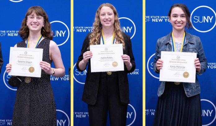 From left are DCC CASE Award winners Susanna Gilgert, Kaitlin Robin, and Emily Mahoney. Three DCC Students Awarded SUNY Chancellor’s Award for Excellence.