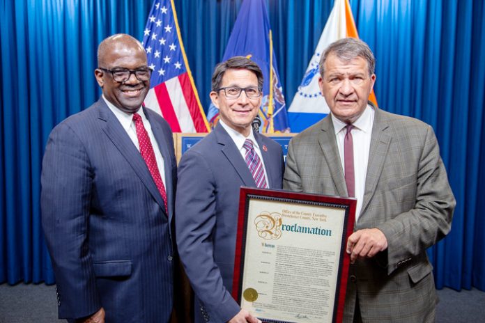 Westchester County Executive George Latimer and Deputy County Executive Ken Jenkins recognized Manhattanville University for their recent achievement of university status and the inauguration of President Frank D. Sánchez.