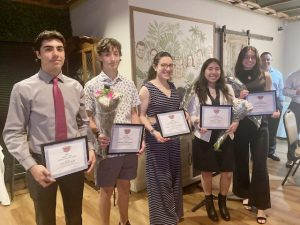 Recipients of the 2024 Hudson Valley Latino Scholarship Awards display their certificates at Wednesday’s 25th Annual Event. From left are; Ian Rodriguez (Wallkill High School), Nahuel Gutierrez (John Jay High School), Gianna Nicole Chiappini (Dover High School), Abigail Ocampo (Cornwall Central High School) and Olivia Del Castillo (Beacon High School.)
