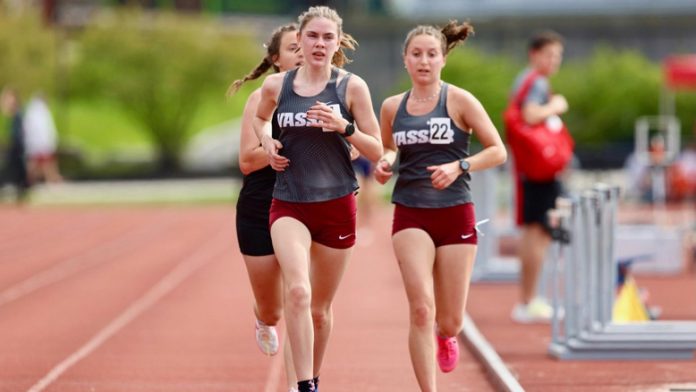 First year Haley Schoenegge earned Liberty League champion status in both the 1500 meters and the 5000 meters while also posting two meet records. Photo: Carlisle Stockton