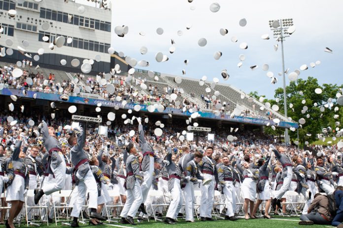Cadets toss their hats following the United States Military Academy Class of 2024 graduation and commissioning ceremony that was held on Saturday, May 25, 2024 in West Point's Michie Stadium where the President of the United States Joe Biden was the commencement speaker. Hudson Valley Press/CHUCK STEWART, JR.