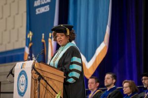 President Belinda Miles addresses the graduates at SUNY Westchester Community College’s Commencement ceremony.