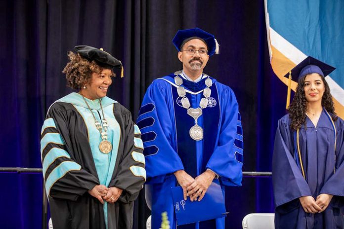 President Belinda Miles, SUNY Chancellor John B. King, Jr. and Valedictorian Elouise Correa Do Carmo at SUNY Westchester Community College’s Commencement ceremony.