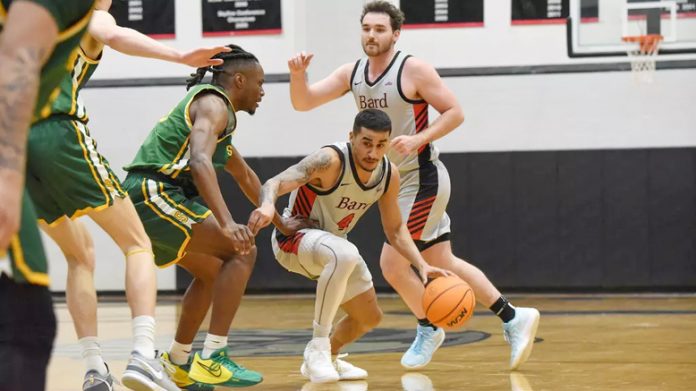 Azriel Almodovar had a team-high ten rebounds, leading the Raptors’ efforts on the boards against a taller Skidmore team. He had a game-high four steals, along with seven points. Photo: Reina Hoffman