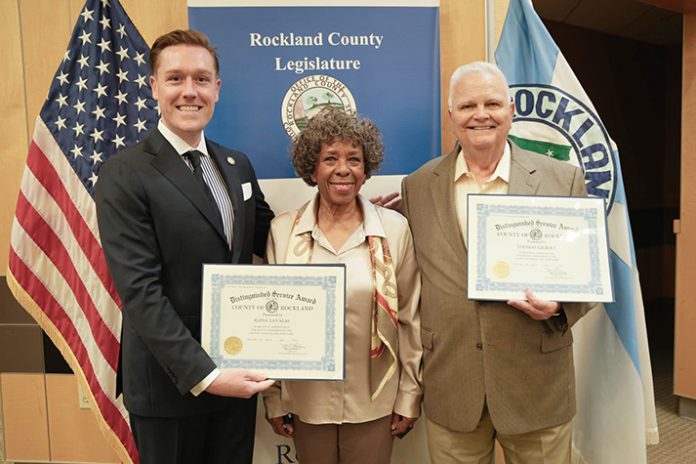Rockland County Legislator Raymond W. Sheridan III presented Elena Lavalas and Tom Gilbert with the Distinguished Service Award, the Legislature’s highest honor, in recognition of their contributions.