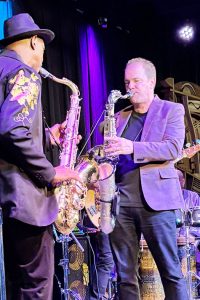 Darren Rahn (right) soars in a duet with fellow jazz standout Timothy Richardson (left), better known as Saxy Ric, at the album debut concert of “Real Gospel in Music According to Jazz,” the new album from BTMOG & Associates.