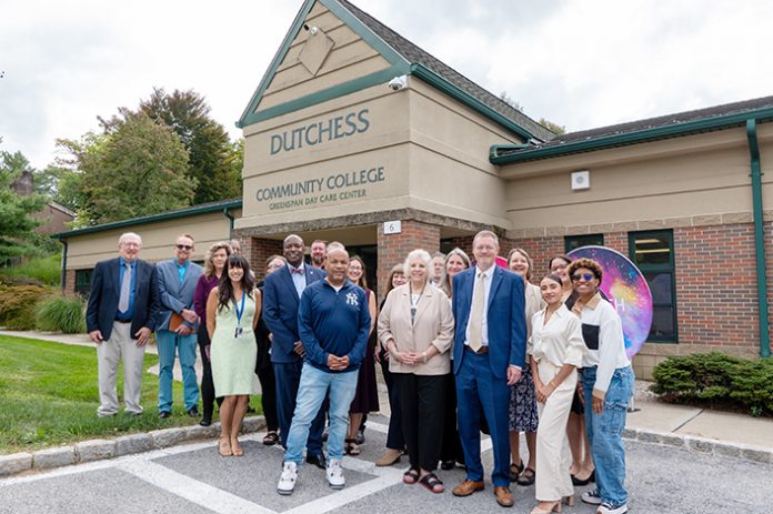 Dutchess Community College_Speaker Heastie_Didi Barrett Speaker of the Assembly Carl Heastie, Assemblymember Didi Barrett, Dutchess County Comptroller Dan Aymar-Blair , Poughkeepsie Town Supervisor Rebecca Edwards, Dutchess Outreach Executive Director Renee Fillette and Dutchess Community College Trustee Michael Dupree, along with DCC staff, in front of the DCC Louis Greenspan Daycare Center.