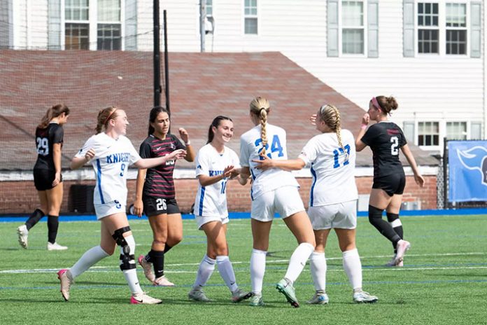 Mount Saint Mary College women's soccer shut out Manhattanville to stay undefeated in Skyline play. Photo: Lee Ferris