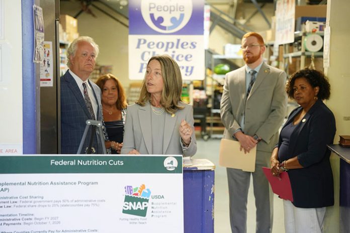 Rockland legislator Rockland County Legislator Beth Davidson, joined by (left to right) County Legislator Paul Cleary, People to People Executive Director Diane Serratore, and County Legislators Jesse Malowitz and Dana Stilley, highlight the impacts threatened by federal SNAP cuts on local residents and County Government's budget.