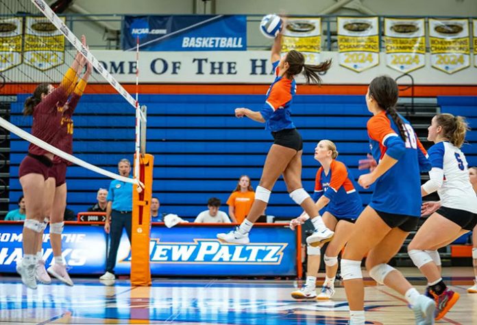 The State University of New York New Paltz concluded the NP Challenge Tournament Saturday in the Hawk Center by splitting its two matches on the day, falling to St. John Fisher before sweeping United States Merchant Marine Academy. Photo: Monica D'Ippolito
