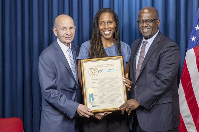 Westchester County Executive Ken Jenkins and Deputy County Executive Richard G. Wishnie present Hunger Action Month Proclamation to Tami Wilson, COO, Feeding Westchester. Photo: Westchester County