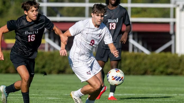 Gavin Johnson potted his first career marker as the Vassar College Men's Soccer team scored a key 3-0 Liberty League victory over Skidmore Saturday afternoon. Photo: Carlisle Stockton