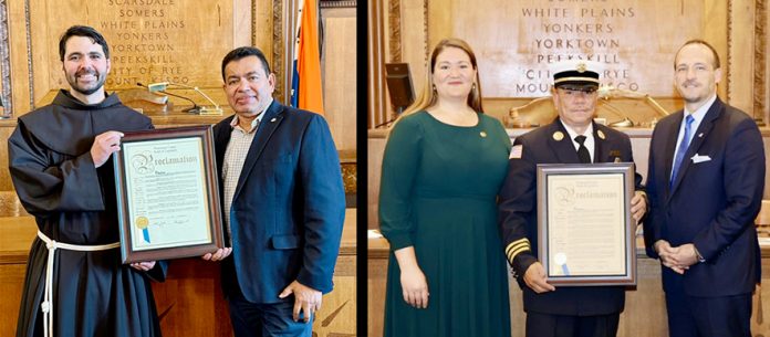 Left: Vice Chair José I. Alvarado (D-Yonkers) presented a proclamation to Brother Luis E. Hernandez Rivas. Right: Legislator Emiljana Ulaj (D- Cortlandt, Ossining, Croton, Briarcliff, Buchanan), presented a proclamation to Chief Sanchez.