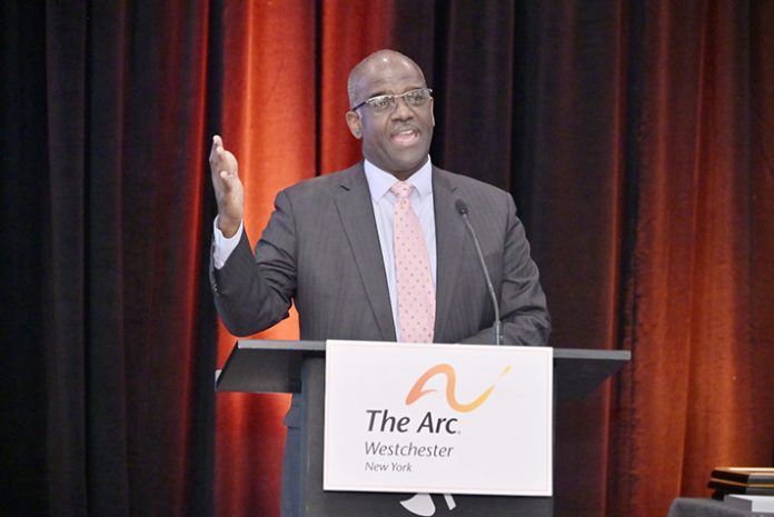 The Arc Westchester celebrated employers who are transforming lives through inclusive hiring at its 2025 Employer Recognition Breakfast in Tarrytown. Westchester County Executive Ken Jenkins addresses those in attendance.