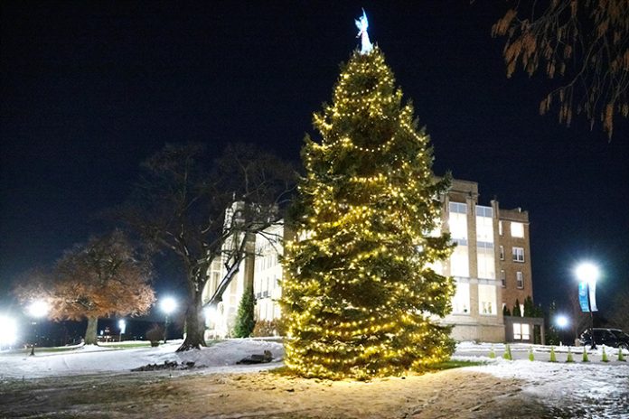 The Mount Saint Mary College Christmas tree shines brightly, marking the official start of the holiday season on campus. Photo by Lee Ferris.