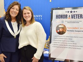 County Executive Sue Serino (left) joined Kellie Gasparre in honoring her late husband, LCpl. Nicholas Gasparre, at today’s “Honor-A-Veteran” ceremony.