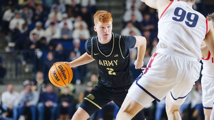 Ryan Curry led Army in scoring with 15 points on 6-of-10 shooting, including three made three-pointers, while adding two assists and one steal. Photo: Carrie Johnston