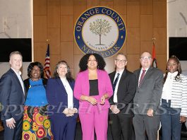 Virginia Scott, District 12, Stephen Hunter, District 16, Gabrielle Hill, District 6, Laurie Tautel, District 14, Genesis Ramos, District 4, Jonathan Redeker, District 2, Sparrow Tobin, District 20, Deshanda Carter, District 11, and Matthew Fascaldi, District 15 pose for a photo as the Orange County Democratic Caucus hosted a historic swearing-in ceremony for its newly elected legislators on Friday, January 2, 2026. Hudson Valley Press/CHUCK STEWART, JR.