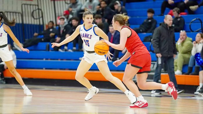 Freshman Kayden Cornell also registered her first career start as a Hawk and added two points, two assists and a block to the stat sheet. Photo: Katie Wilson