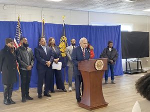 New York State Assemblyman Jonathan Jacobson offers remarks after New York Attorney General Letitia James Monday annuonced her office has sued the owners and managers of the Kenney apartment complex in Newburgh, for leaving residents to endure dangerous and decrepit conditions.