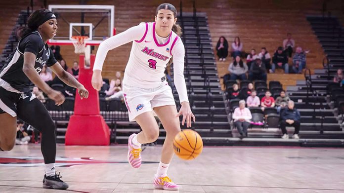 Marist forward Justine Henry recorded a 21-point, 10-rebound double-double with a career-high four assists and two steals to lead the Marist University women's basketball team to a 56-53 win over Saint Peter's. Photo: Quinn DiFiore