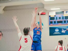 Forward Karly Wittenbauer scored 11 points as the Hawks evened the series against visiting Red Dragons with 57-55 victory in the Hawk Center. Photo: Jacob Hoyos