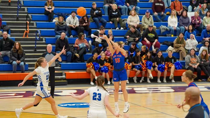 Hawks guard Kayden Cornell scored 9 points as the Hawks closed out the final regular season game with a wind over the Blue Devils on Senior Day. Photo: Kaite Wilson