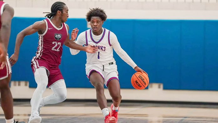 Hawks guard Mo Sylla scored 10 points as the State University of New York New Paltz closed out the regular season with a 94-90 win over hosting Potsdam Saturday. Photo: Jacob Hoyos