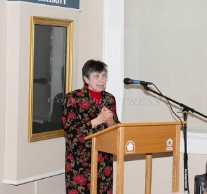 Catherine Costello offers remarks as she was awarded the 2026 Martha Washington Woman of History Award, which recognizes her outstanding contribution to Hudson Valley history on Sunday, March 22, 2026. Hudson Valley Press/CHUCK STEWART, JR.