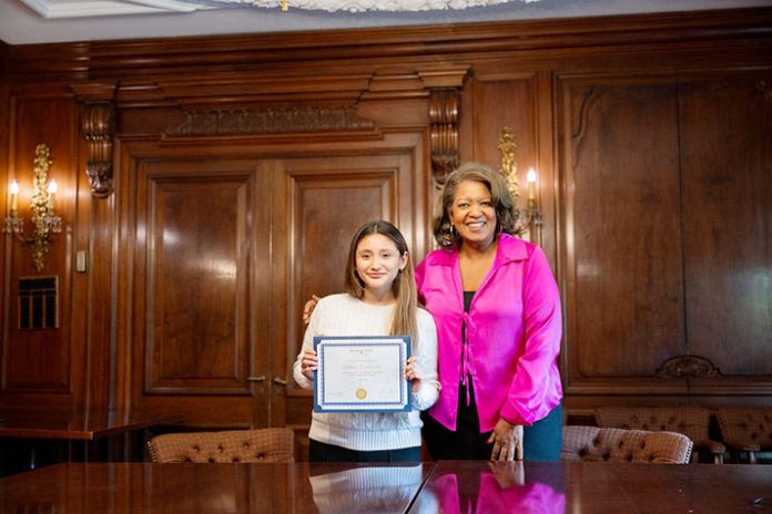 SUNY WCC announced that one of its students, Ashley Cozayatl of Harrison, was one of 60 high-achieving community college students selected to receive the JKC Foundation’s Undergraduate Transfer Scholarship. Pictured is Ashley with SUNY WCC President Belinda Miles. Photo: SUNY WCC