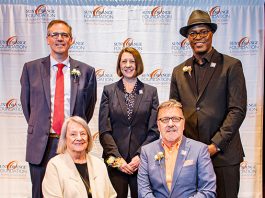 The SUNY Orange Foundation recently presented its 2026 Leadership Awards during an evening ceremony in Orange Hall on SUNY Orange’s Middletown campus, honoring five recipients for their leadership, service and community impact. Awardees included (front row from left) Helen Ullrich (Lifetime Achievement Award) and Derrik Wynkoop (Leadership in Community Service), along with (back row from left) Tom Rickard ’92 (Distinguished Alumni Leadership Award), Dr. Erika Hackman (Leadership in Education) and Everett Collie (Leadership in Business).