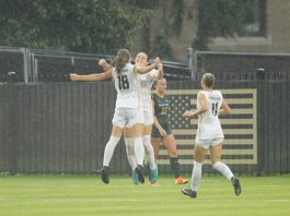 Kamryn McWhinney and Bella Conti Celebrate McWhinney's First Career Goal in 3-2 Win Over William & Mary. Photo: Mady Salvani