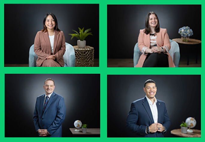 HVCU Hires From top left, clockwise: Stephany Sanchez Saeteros, Mazaliya Jesmain, Jerry Dominguez and Pete Stusvick.