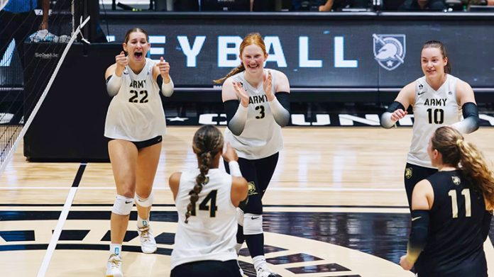Army West Point volleyball (2-1) closed out the Black Knight Invitational with a five-set victory over UAlbany (0-3) on Sunday at Christl Arena. Photo: Carrie Johnston