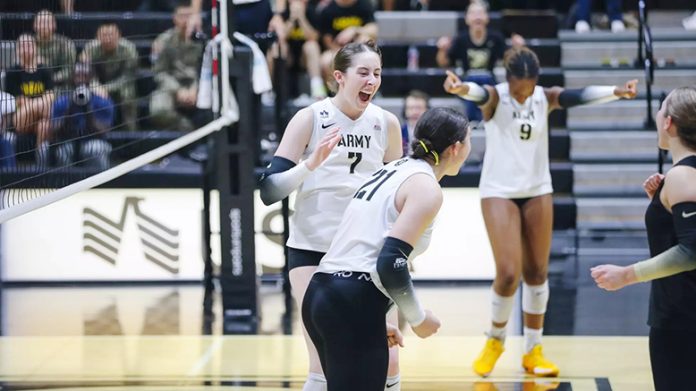 Army West Point volleyball (7-3, 1-0) opened Patriot League play with a 3-1 victory over Loyola Maryland (3-7, 0-1) on Friday night. Photo: Mady Salvani