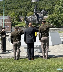 The Taps Ceremony of Sunday’s Buffalo Soldier Ceremony takes place in front of the Sargent Sanders Mathews Buffalo Soldier Statue.