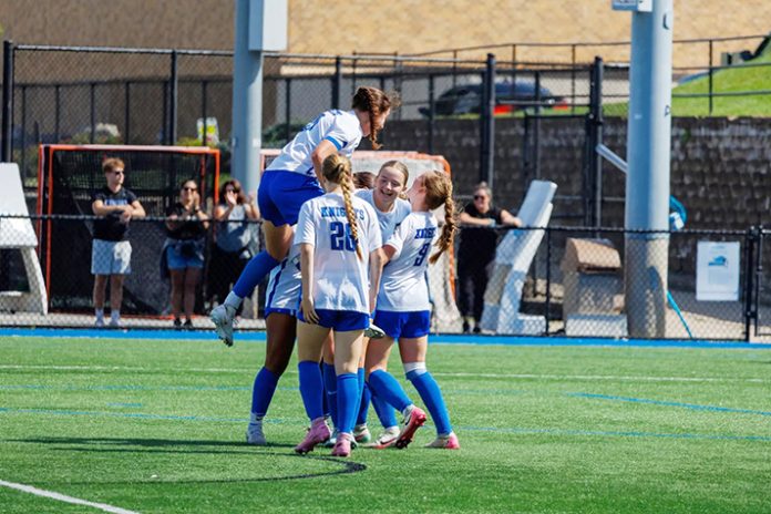 The Mount Saint Mary College women's soccer team dominated in its 2-0 win over the defending Skyline Champions St. Joseph's Long Island. Photo: Bob Houk
