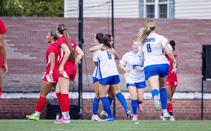 The Mount Saint Mary College women's soccer team earned its first win of the season over Rutgers-Newark. Photo: Hudsyn Pincus