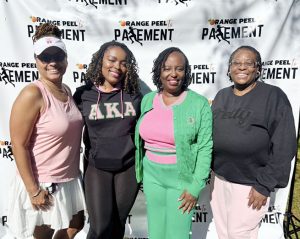 Co-Chair Sharon Spencer, Vice President Dion Walker- Duncan, President Rasheena Wilson President, and Chairperson Tasmanika Rich pose for a photo at Alpha Kappa Alpha Sorority, Incorporated® Alpha Gamma Eta Omega Chapter's 3rd Annual Orange Peel to Pavement Fun Run/Walk 5K.