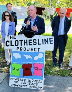 New York State Senator Rob Rolison reflected on the importance of victim services and the need to restore funding at Fearless! Hudson Valley's annual Clothesline Project and press conference to kick off Domestic Violence Awareness Month in Orange County.