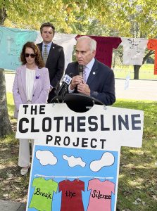 New York State Assemblyman Jonathan Jacobson emphasized that domestic violence crosses socioeconomic boundaries at Fearless! Hudson Valley's annual Clothesline Project and press conference to kick off Domestic Violence Awareness Month in Orange County.