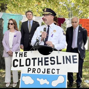 Town of Crawford Police Chief Dominick Blasko praised survivors at Fearless! Hudson Valley's annual Clothesline Project and press conference to kick off Domestic Violence Awareness Month in Orange County.