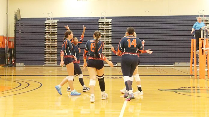 The SUNY Orange women's volleyball team split their double dual Sunday, defeating Borough of Manhattan in straight sets, before falling to the Fashion Institute of Technology in four sets.